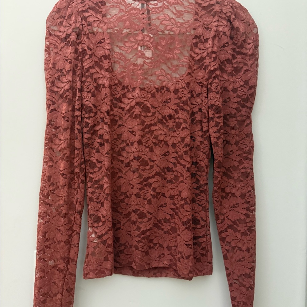 Anthropologie Rose-Mauve Floral Lace Long Sleeve Top - Picture 3 of 3